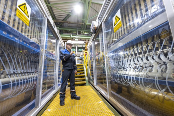 View of Covestro's chlorine electrolysis plant in Leverkusen. With immediate effect, the company is manufacturing around one-third of the product volume supplied to LANXESS using energy from hydropower based on guarantees of origin.